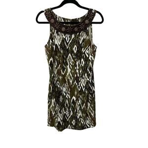 NWT DressBarn‎ Abstract Beaded Mini Sheath Dress Olive Green Women's Petite 10P